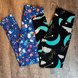 LuLaRoe Leggings OS Bundle • Floral Blue Pattern + Moon & Stars Print Soft